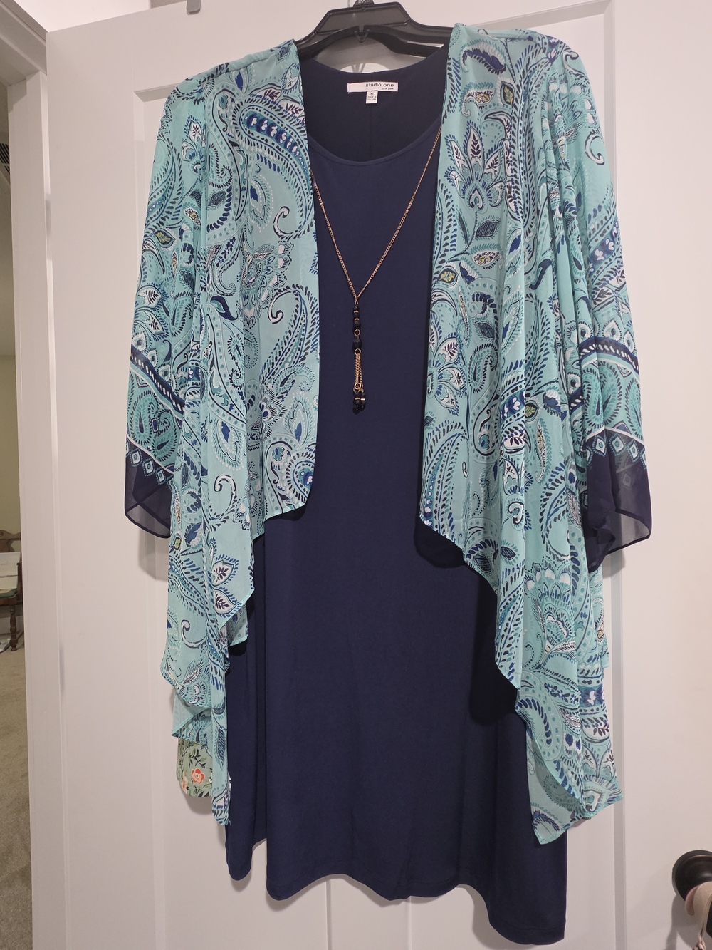 Women's Navy Dress with Aqua Paisley Open Dress